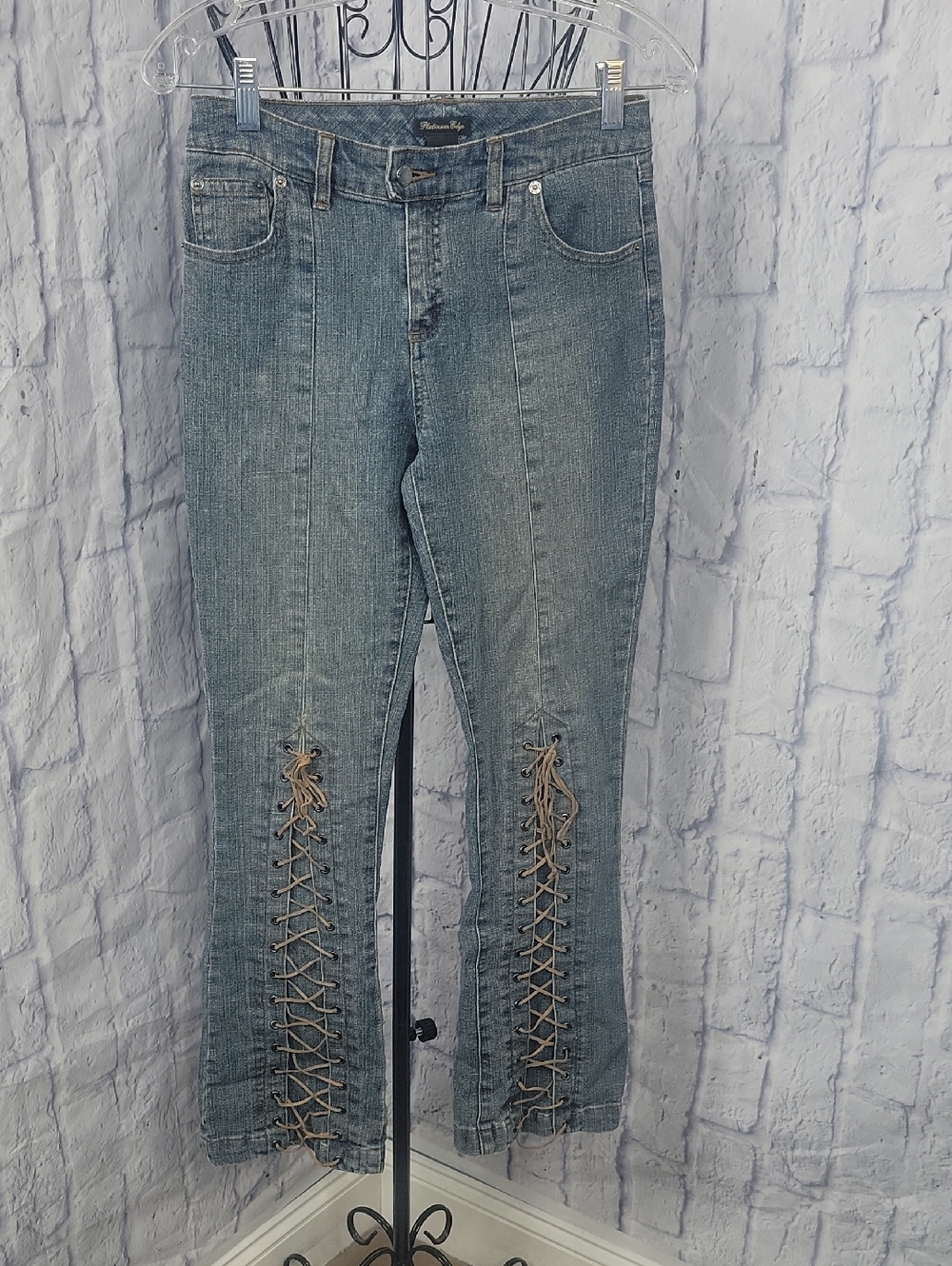 Vintage Y2K Platinum Edge Lace-Up Light Wash Distressed Bootcut Jeans 14